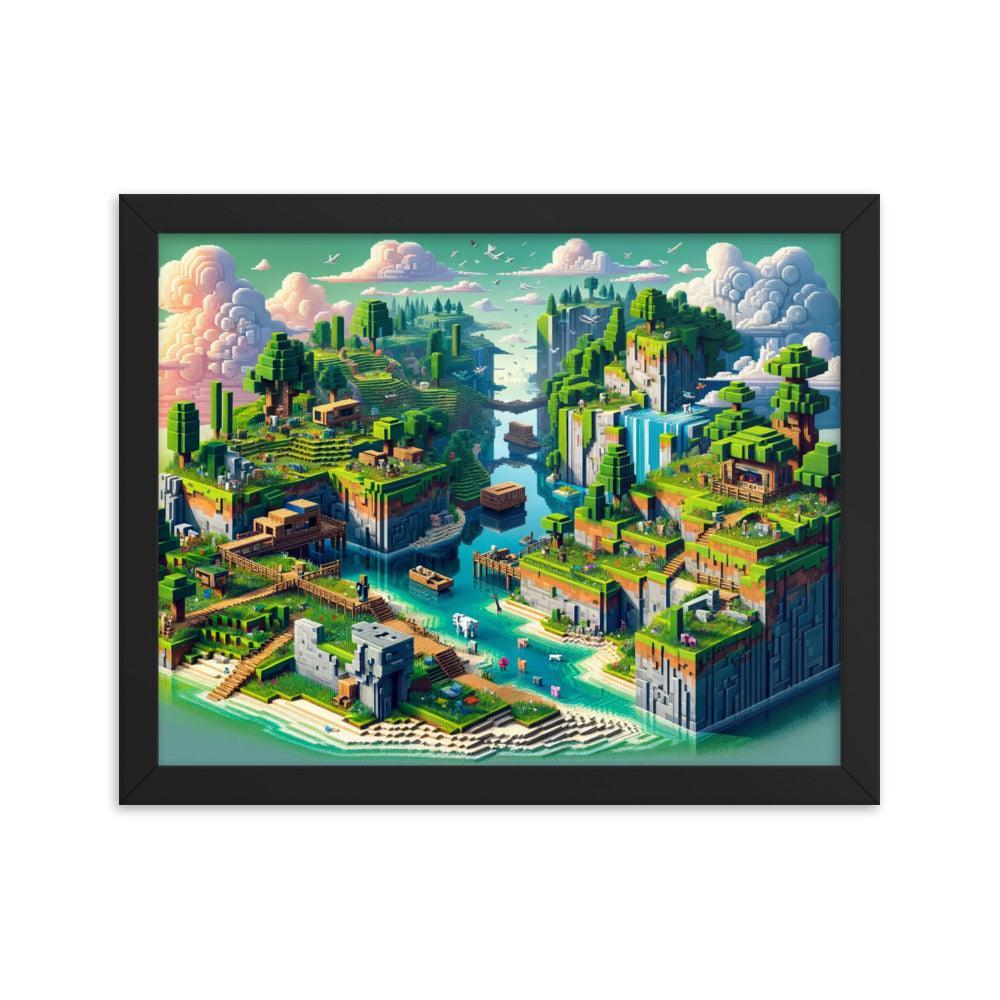 Minecraft Inspired Vibrant Block Landscape Digital Art Framed Poster - Oh Posters