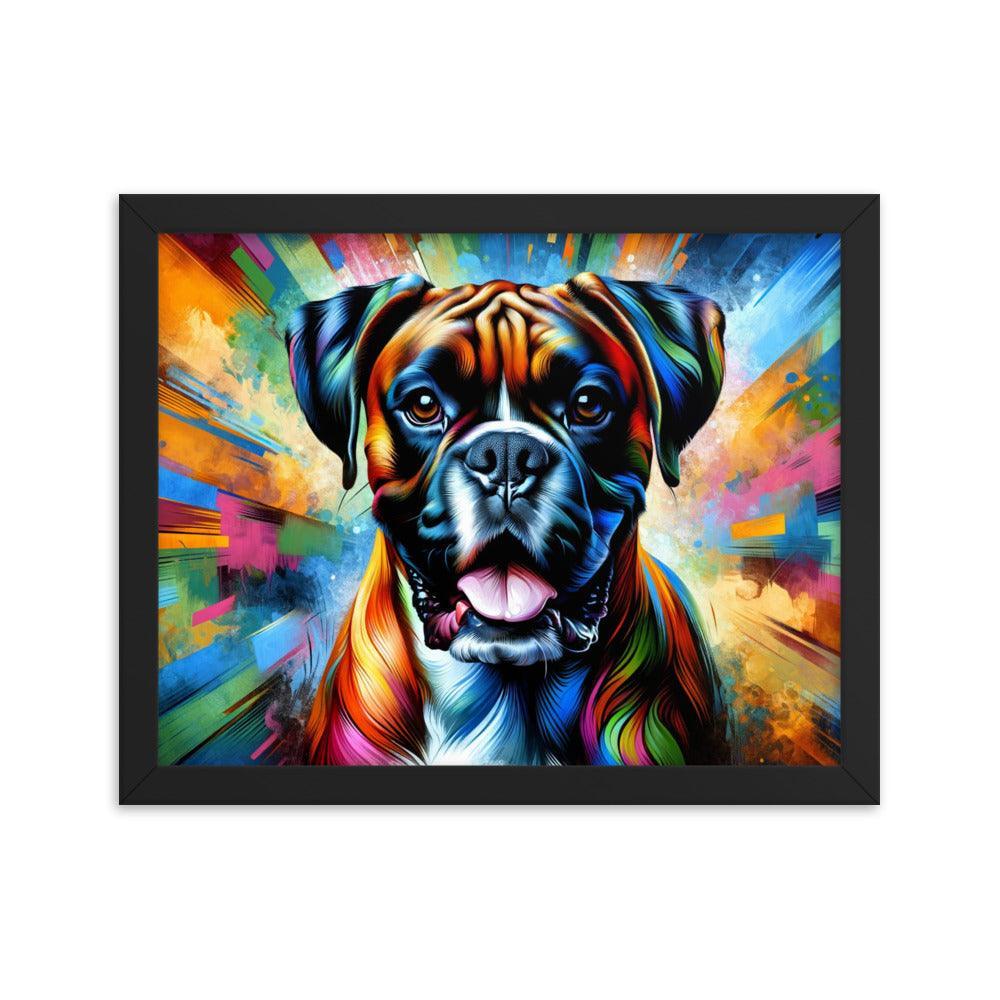 Vibrant Boxer Dog Energy in Colorful Abstract Art with Dynamic Pose Framed Poster - Oh Posters