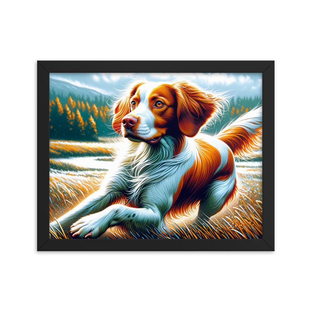 Brittany Dog in Nature Dynamic Pose with Vibrant Outdoor Scene Framed Poster - Oh Posters