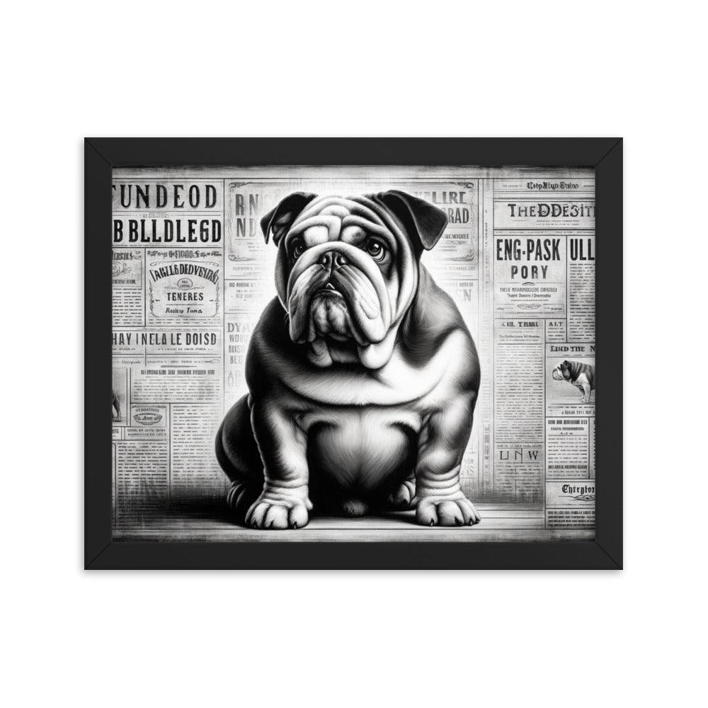 English Bulldog in Vintage Newspaper Style with Monochromatic Theme Art Framed Poster - Oh Posters