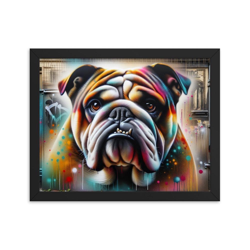 English Bulldog Graffiti Art with Vibrant Spray Paint and Urban Background Framed Poster - Oh Posters