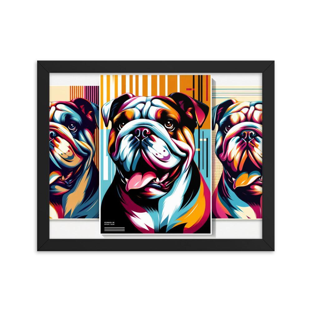 English Bulldog in Dynamic Poses with Contemporary Graphics and Bold Colors Framed Poster - Oh Posters