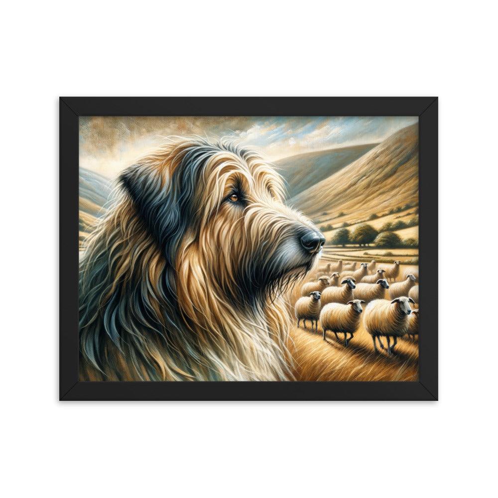 Catalan Sheepdog in Pastoral Setting with Flock and Rolling Hills Framed Poster - Oh Posters