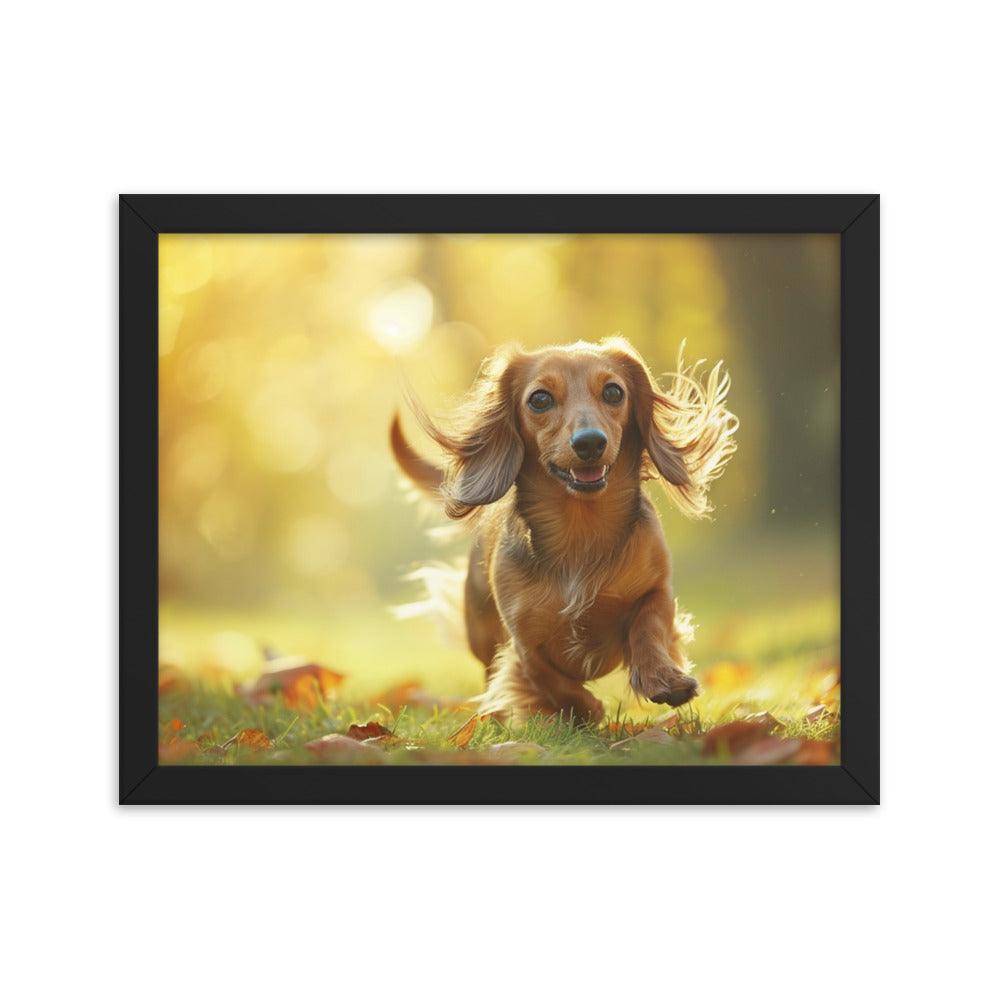 Joyful Long-Haired Dachshund's Playful in Autumn Framed Poster - Oh Posters