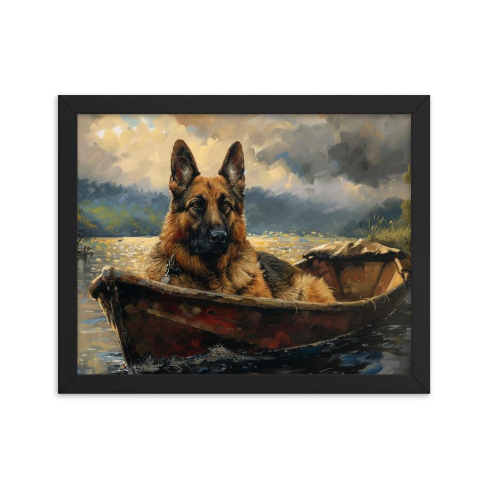 German Shepherd in Boat River Landscape Framed Poster - Oh Posters