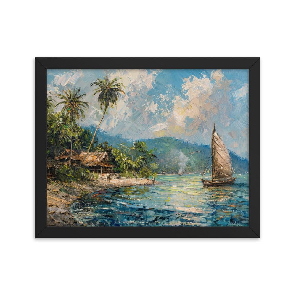 Comoros Beachside Hut and Sailboat Tropical Scene Framed Poster - Oh Posters