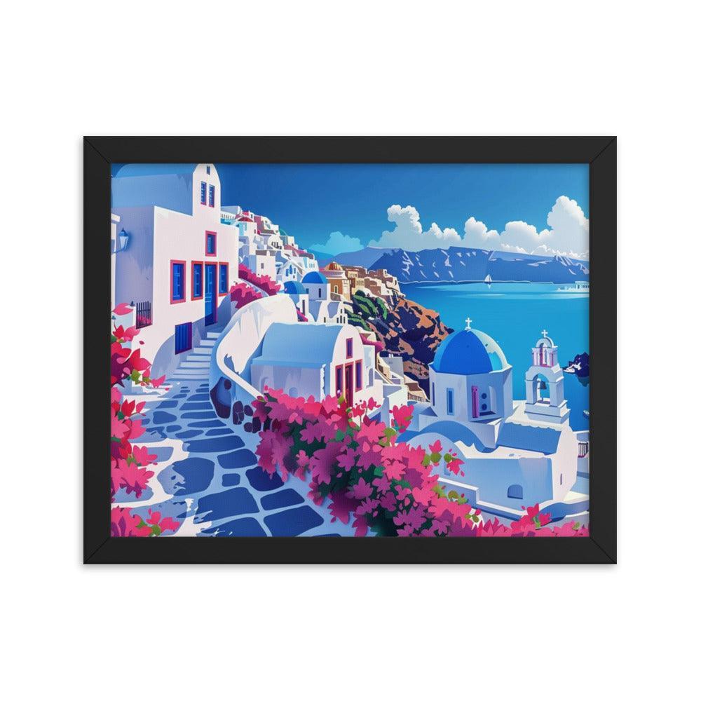 Greece Santorini Vibrant Floral Pathway Framed Poster - Oh Posters