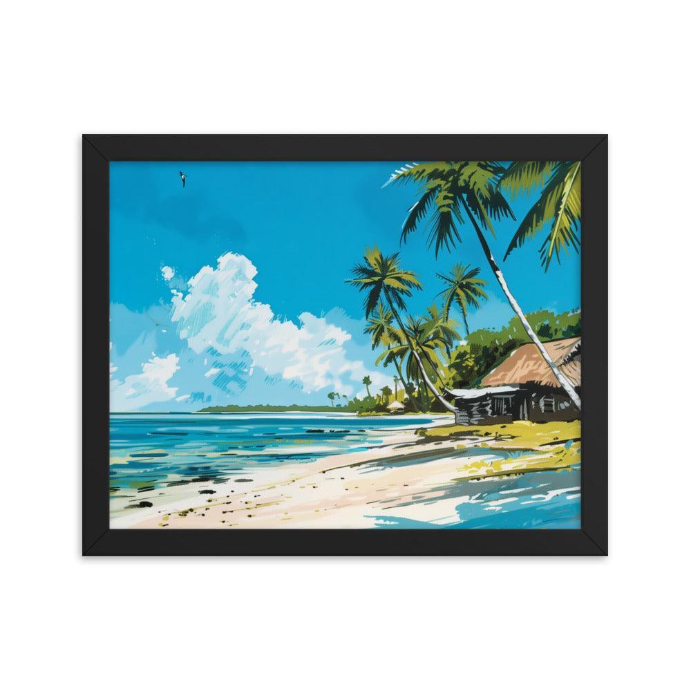 Kiribati Tropical Beach Hut Illustration Framed Poster - Oh Posters