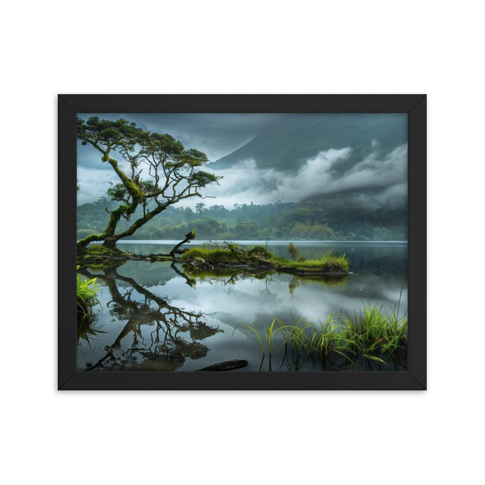 Indonesia Serene Lake Misty Mountains Framed Poster - Oh Posters