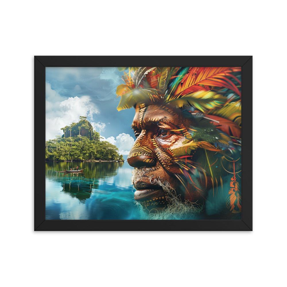 Papua New Guinea Indigenous Portrait and Island Landscape Framed Poster - Oh Posters