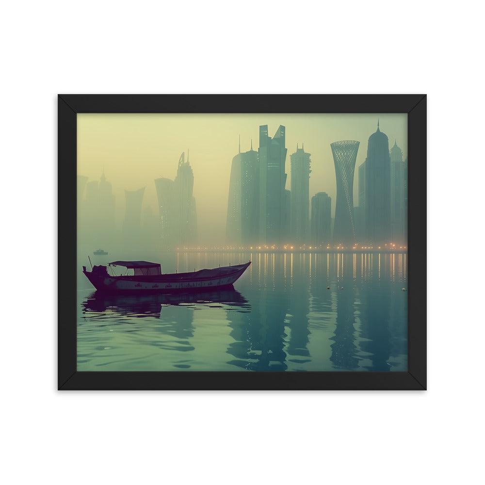 Qatar Foggy City Skyline Reflective Water Framed Poster - Oh Posters