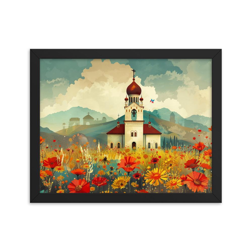 Romania Mountain Church Field of Flowers Framed Poster - Oh Posters