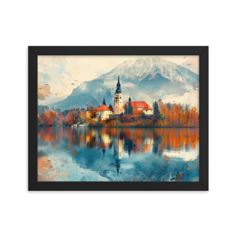 Slovenia Autumn Lakeside Church Reflection Framed Poster - Oh Posters