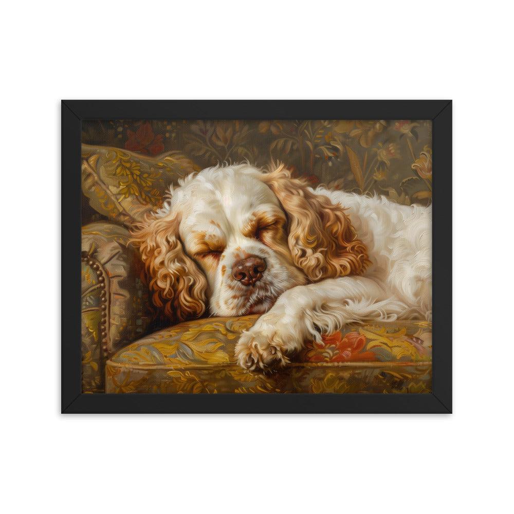 Clumber Spaniel Sleeping on Floral Sofa Painting Framed Poster - Oh Posters