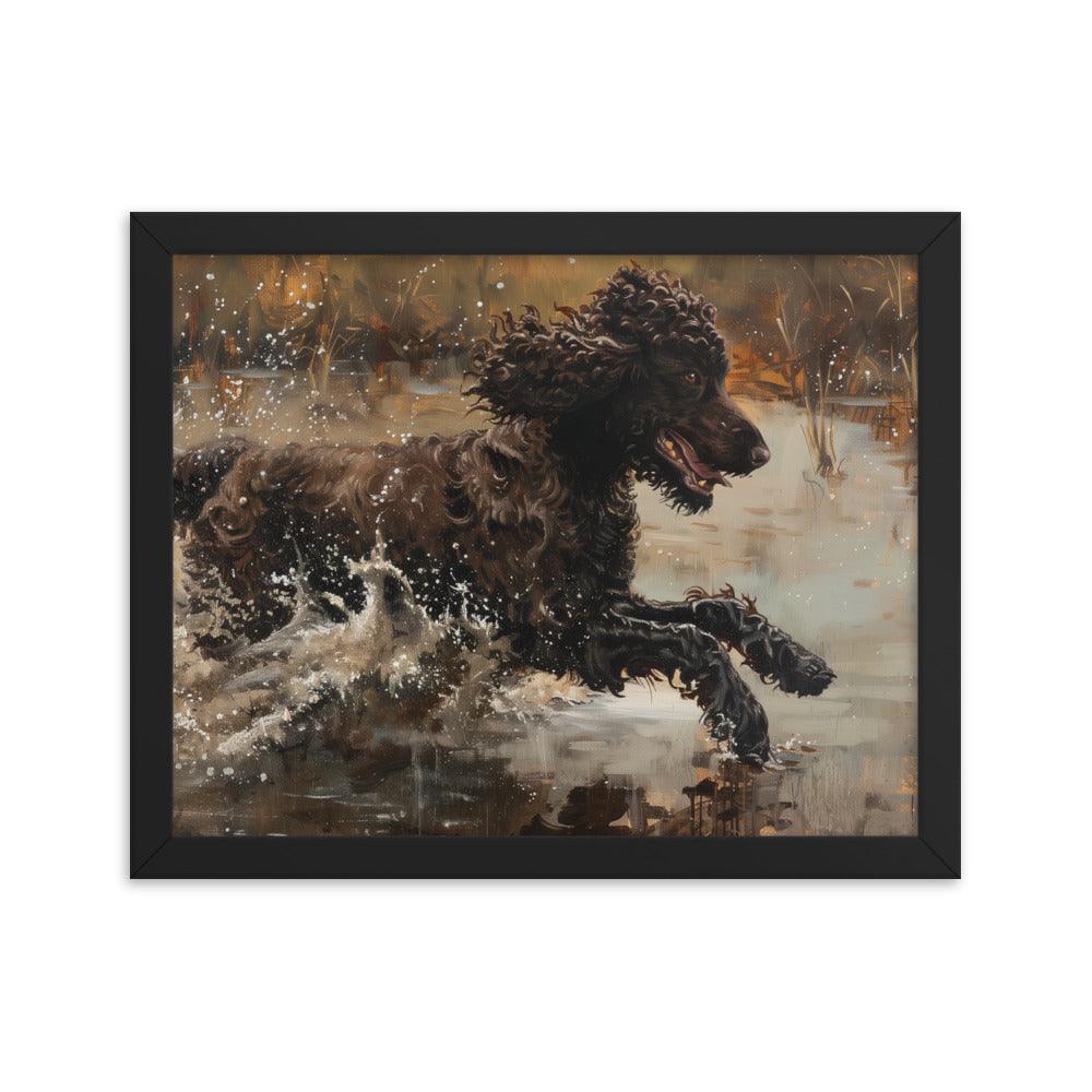 Irish Water Spaniel Splashing in Lake Art Framed Poster - Oh Posters