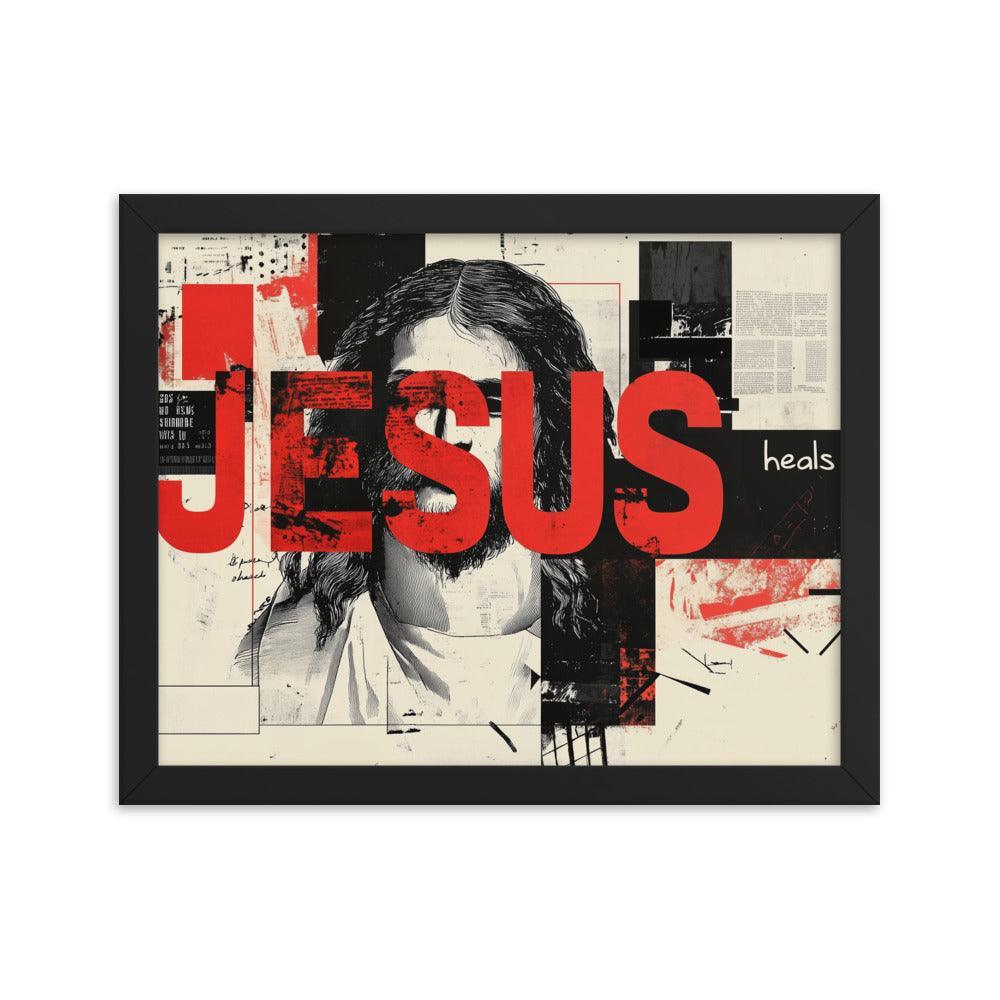 Jesus Typography Heals Abstract Collage Art Framed Poster - Oh Posters