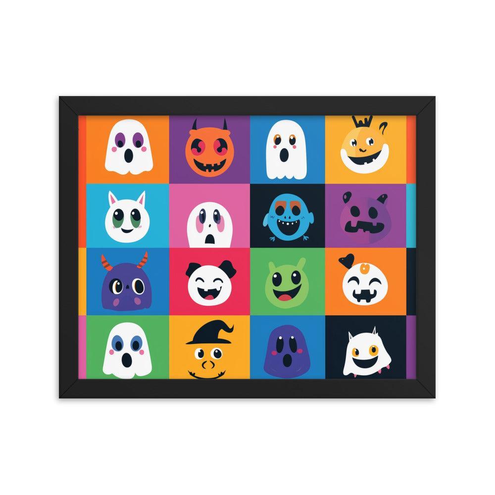 Cheerful Halloween Ghosts and Pumpkins Cartoon Faces Framed Poster - Oh Posters