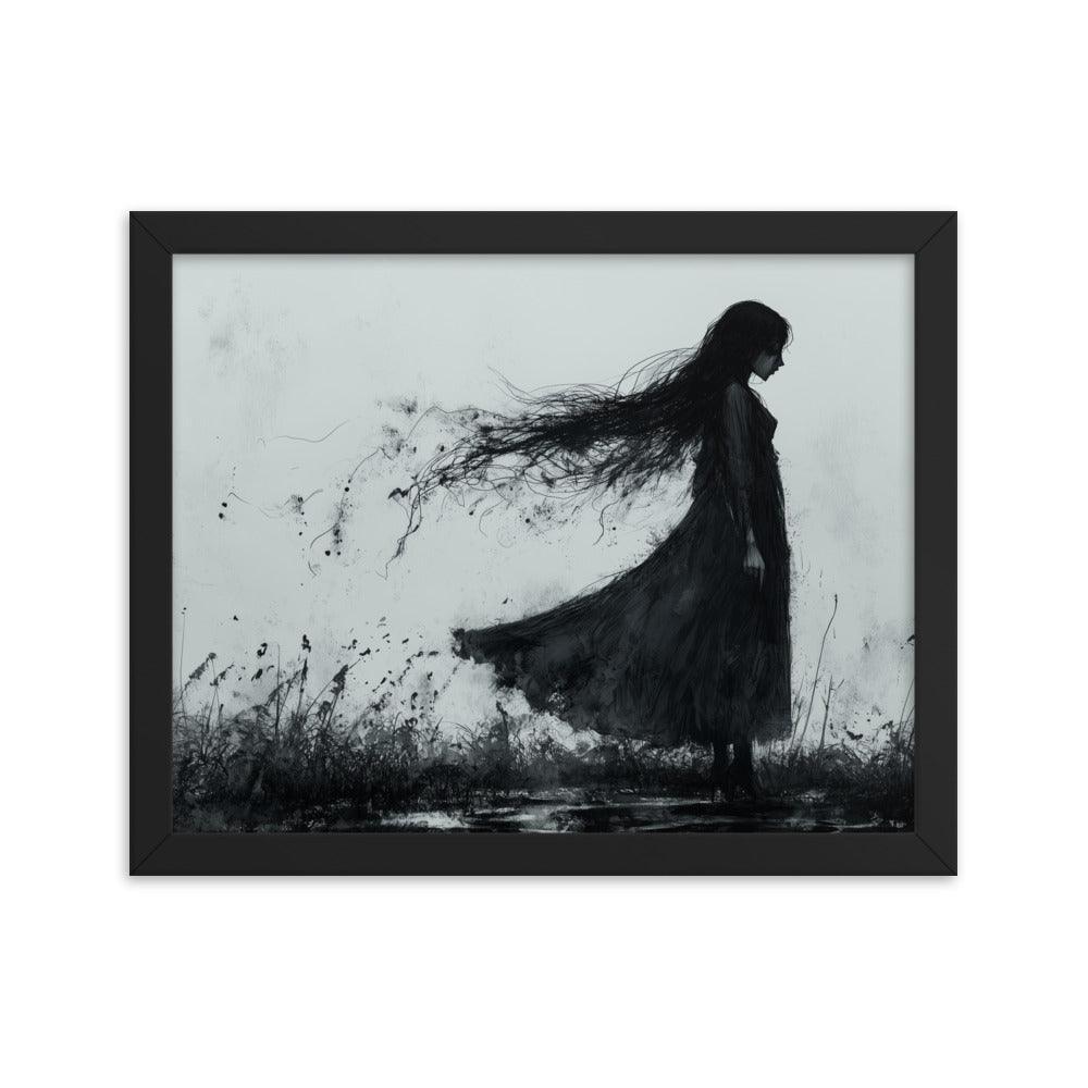 Dark Silhouette Woman in Gloomy Field Ink Illustration Framed Poster - Oh Posters