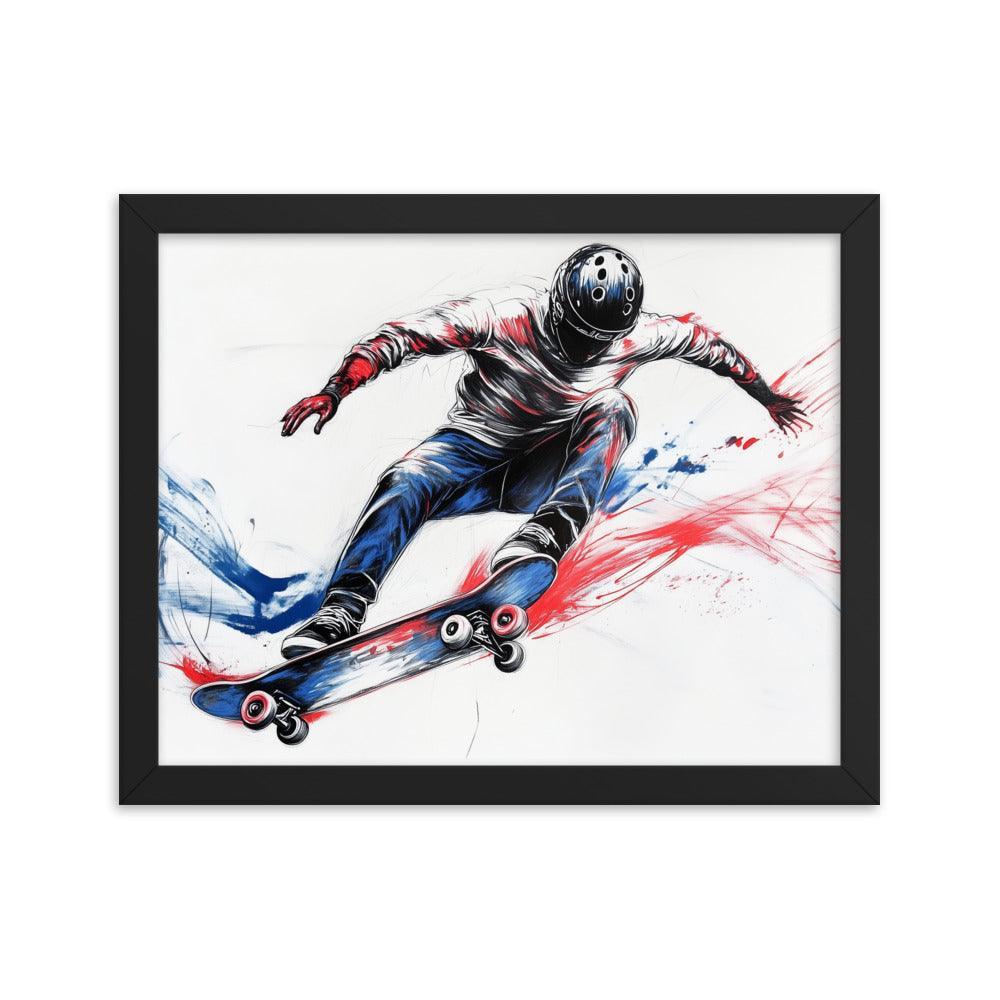 High-Energy Skateboarder with Helmet Abstract Sketch Framed Poster - Oh Posters