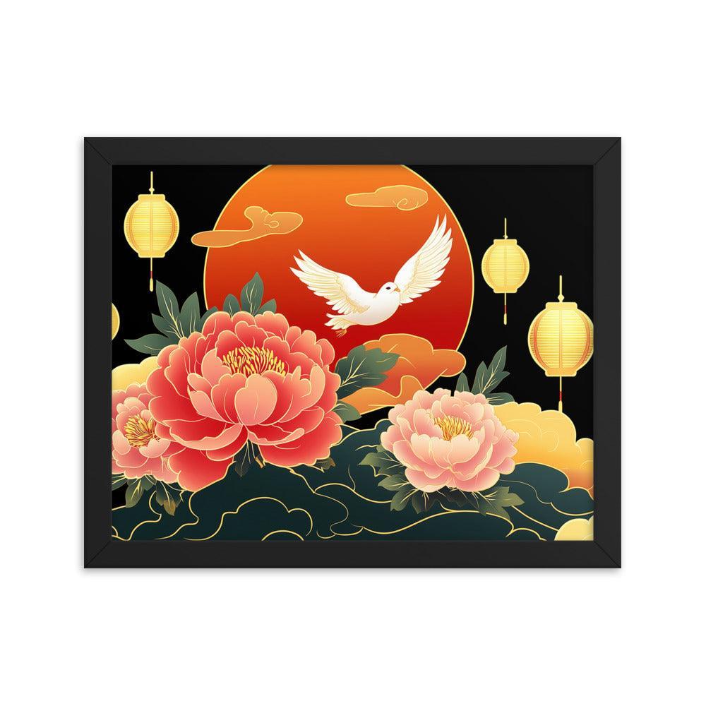 Chinese Traditional Floral Design with Lanterns and Dove Illustration Framed Poster - Oh Posters