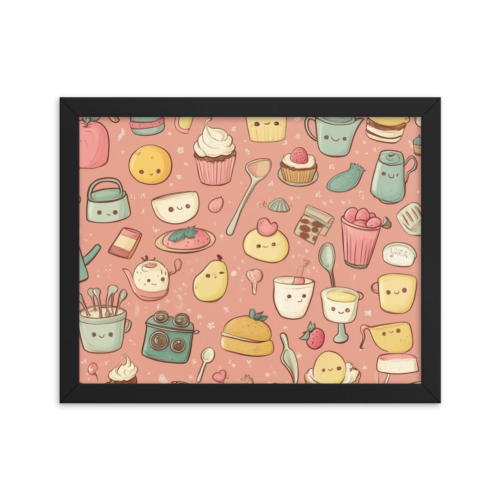 Kawaii Food and Kitchen Utensils Cute Doodle Pattern Framed Poster - Oh Posters