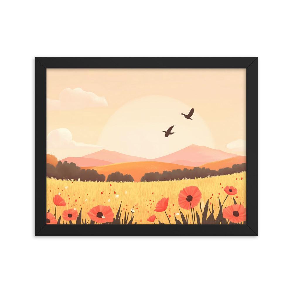 Sunset Field with Poppies and Birds in Pastel Landscape Framed Poster - Oh Posters