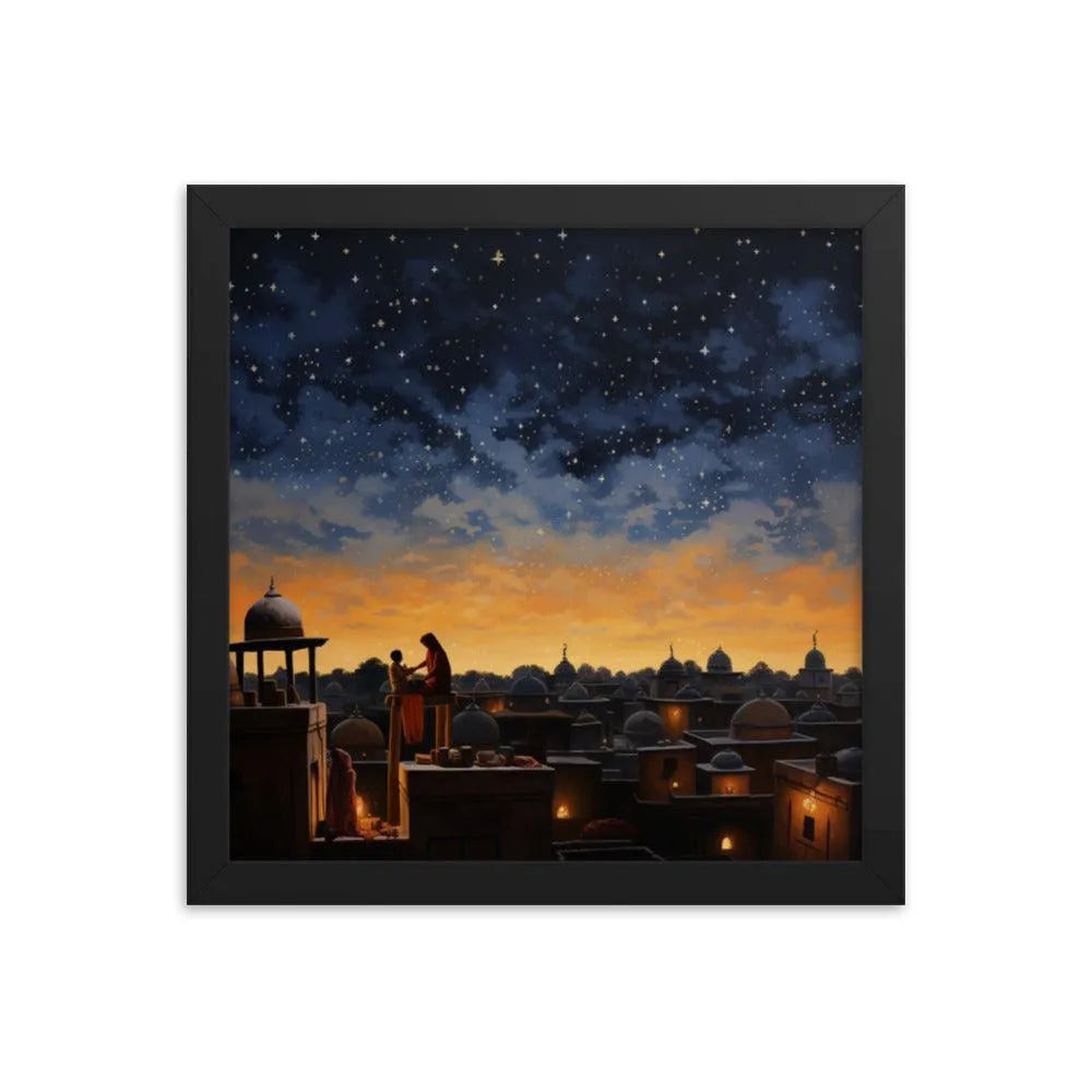 Indian Rooftop House Starry Night Sky Painting Framed Poster - Oh Posters