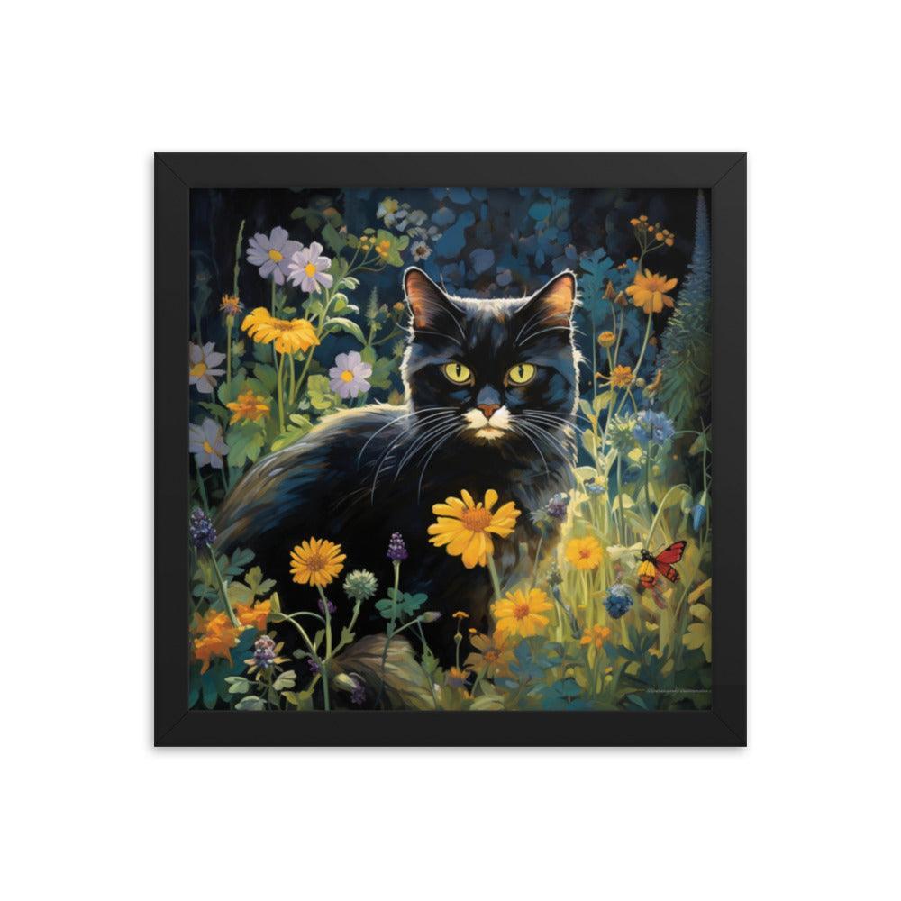 Cat in Moonlit Floral Garden Framed Poster - Oh Posters