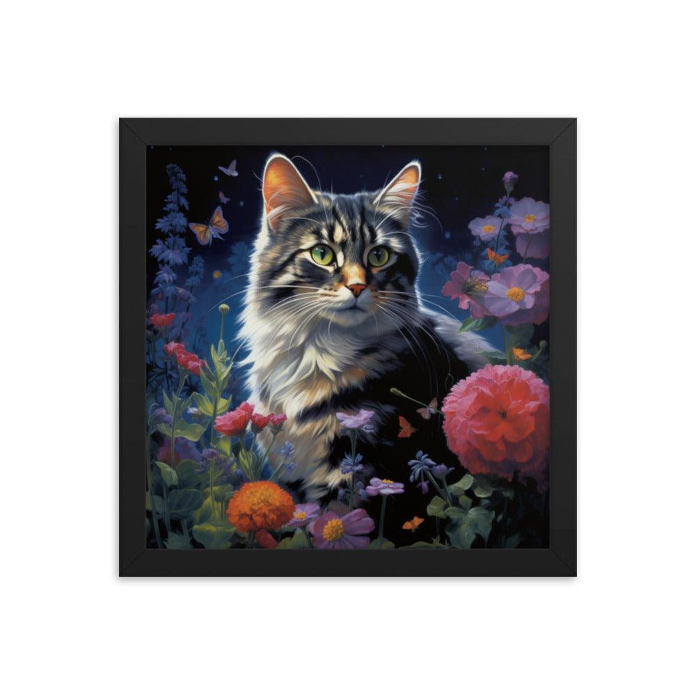 Cat in Moonlit Floral Garden Framed Poster - Oh Posters