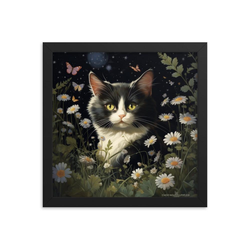 Cat in Moonlit Floral Garden Framed Poster - Oh Posters