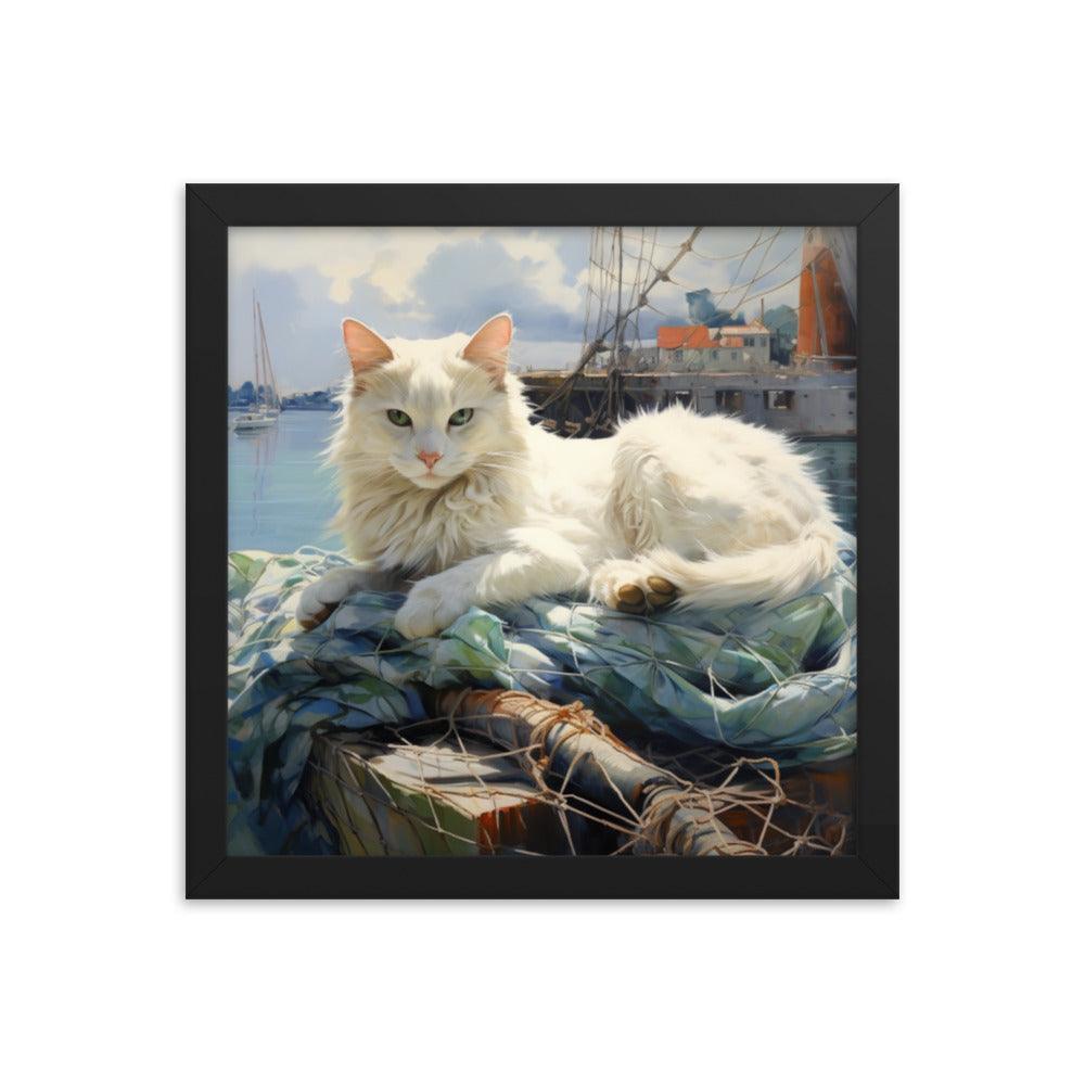 Cat Lounging at Seaside Harbor Framed Poster - Oh Posters