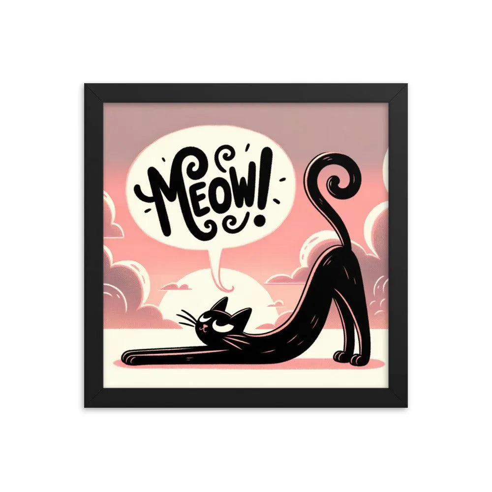 Cat Stretching Saying Meow at Sunset Framed Poster - Oh Posters
