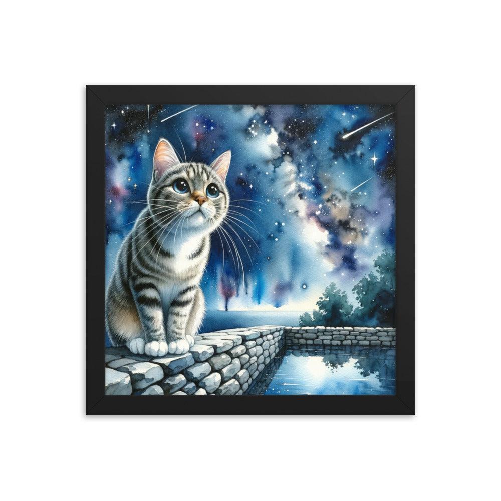 Cat on Wall under Starry Sky - Mystical Framed Poster - Oh Posters