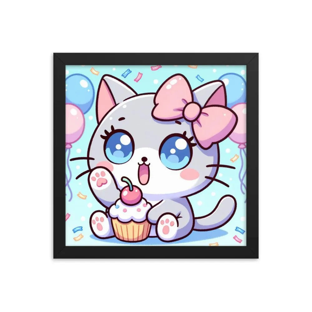 Kawaii Grey Cat with Cupcake Cute Anime Style Framed Poster - Oh Posters