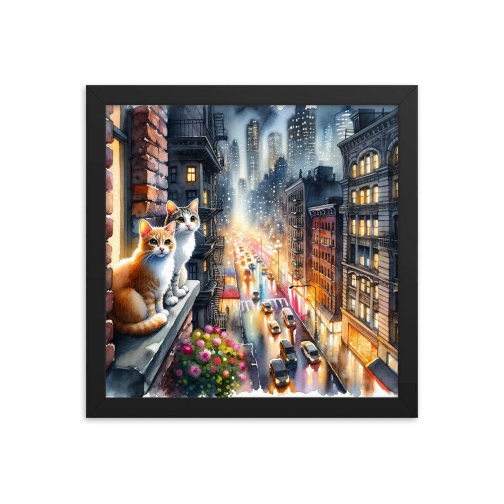 Cats on Windowsill Observing City Lights - Urban & Expressive Framed Poster - Oh Posters