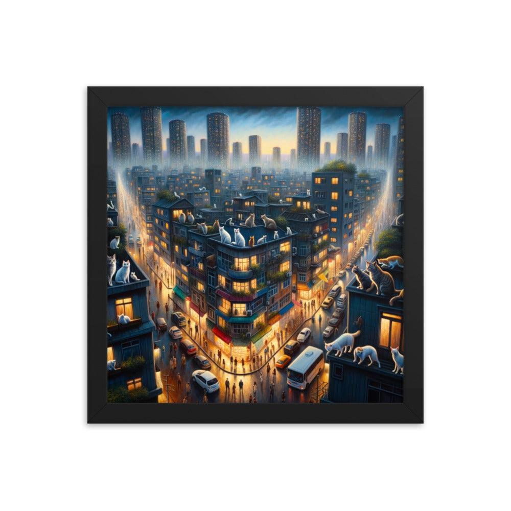 Cats' Twilight Cityscape Magical Glow Art Framed Poster - Oh Posters