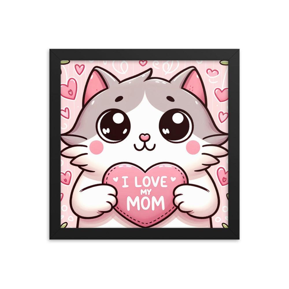 Cat Holding 'I Love My Mom' Sign on Lavender Heart Backdrop - Affectionate & Playful Framed Poster - Oh Posters