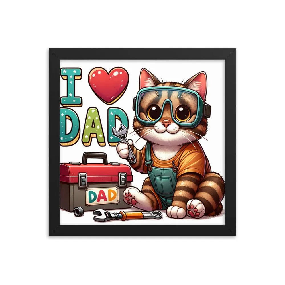 I Love Dad Handyman Cat Cartoon Framed Poster - Oh Posters