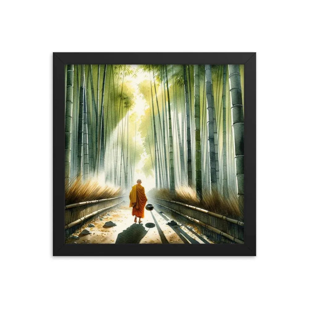 Monk in Bamboo Forest Collecting Dew - Serene Morning Reverie Framed Poster - Oh Posters