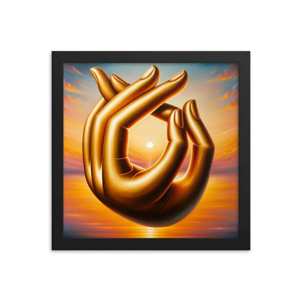 Golden Buddha Hands Meditation Sunset Oil Painting Framed Poster - Oh Posters