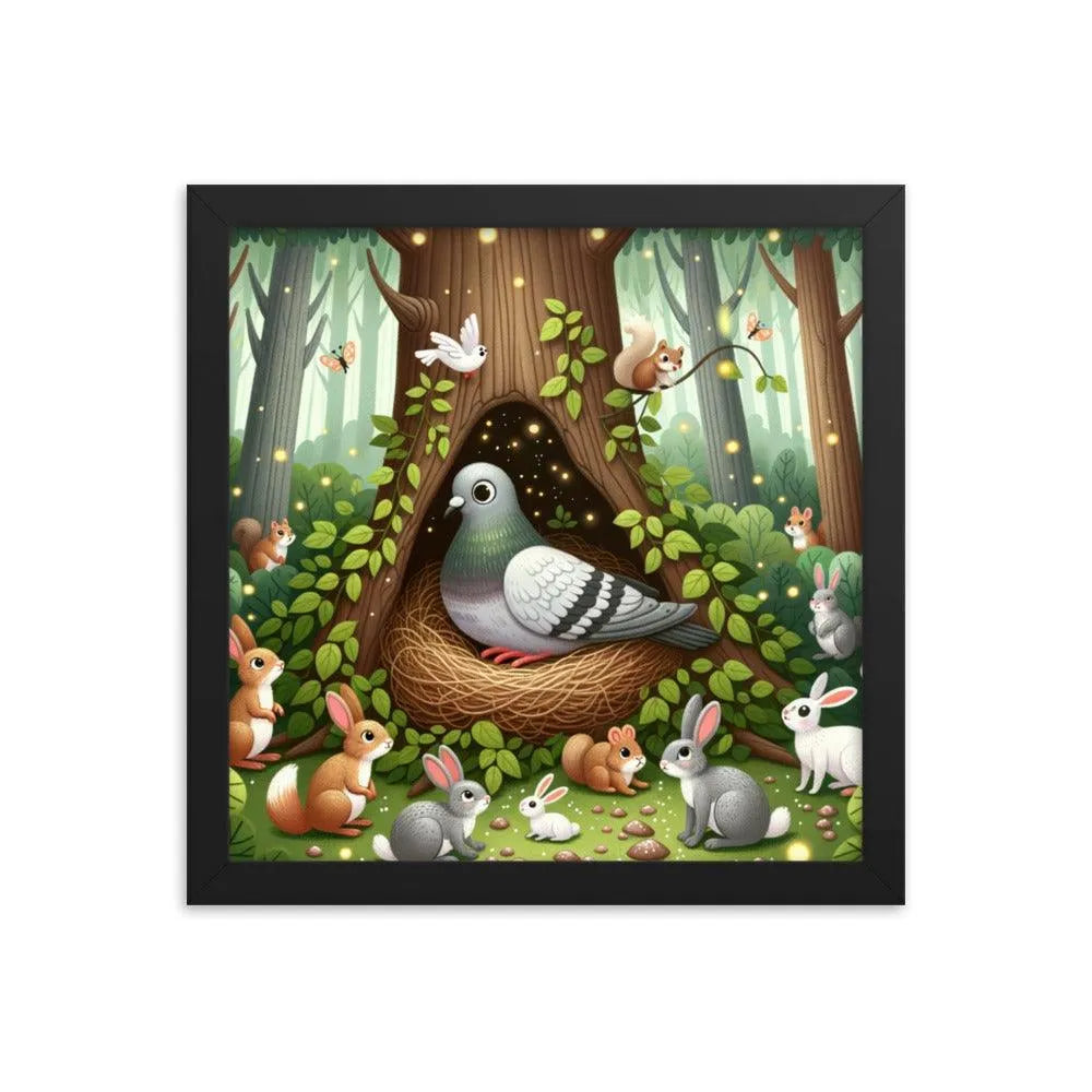 Pigeon in Forest Tree Hollow with Curious Creatures - Whimsical Woodland Framed Poster - Oh Posters