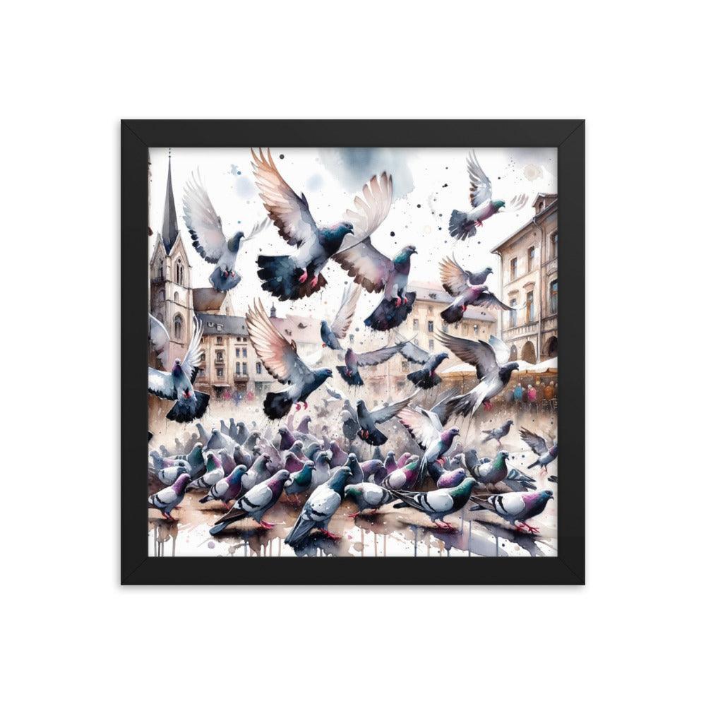 Pigeon Flock Dynamic Watercolor Cityscape Framed Poster - Oh Posters