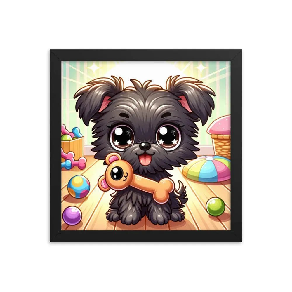 Cute Affenpinscher Puppy with Toy - Playful Charm in Cartoon Framed Poster - Oh Posters