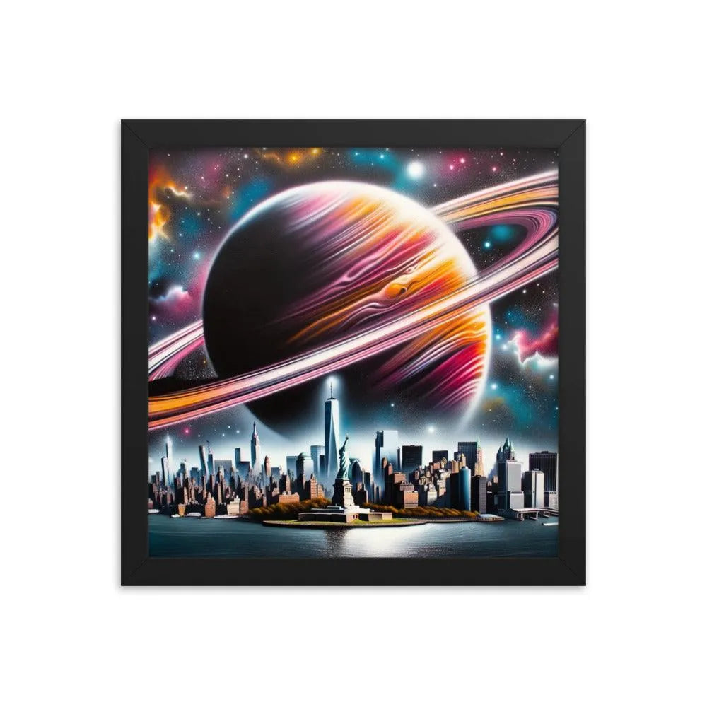 Futuristic New York City Skyline with Saturn Spray Paint Art Framed Poster - Oh Posters