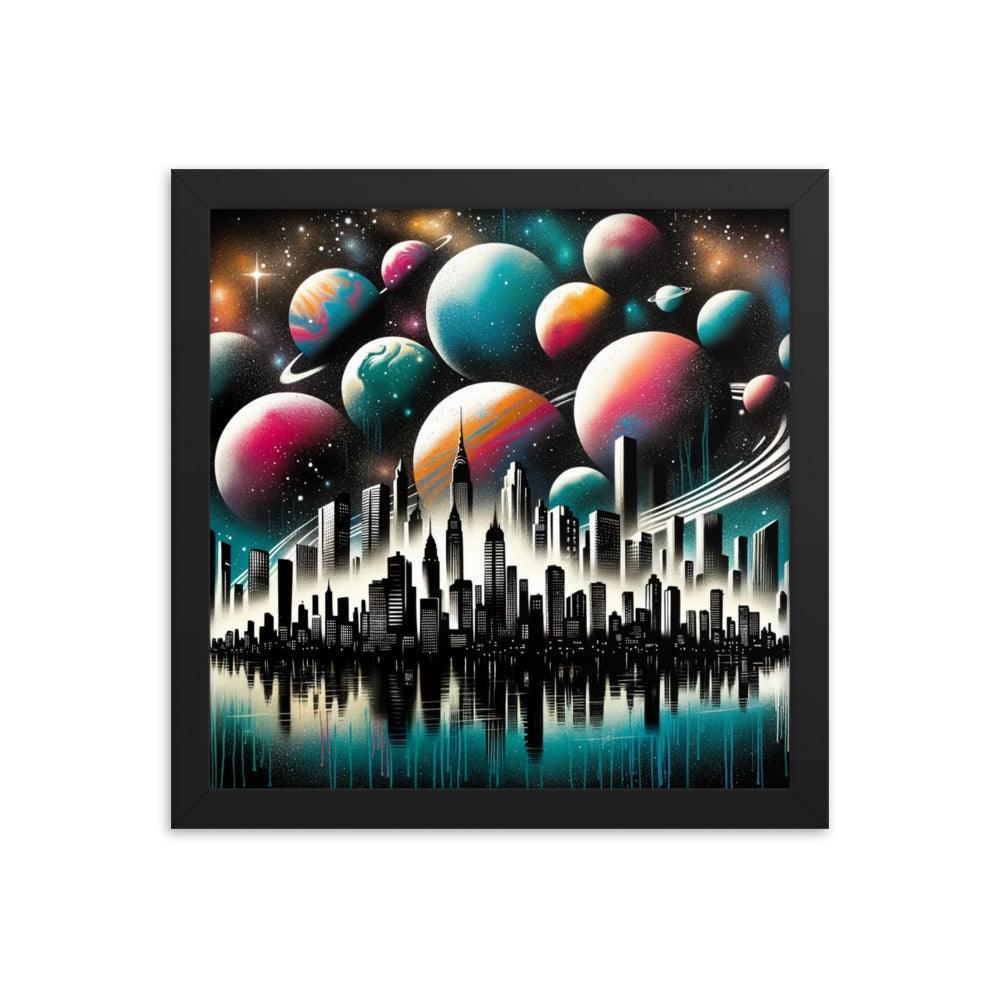 Cityscape Silhouette with Cosmic Planet Sky Spray Paint Art Framed Poster - Oh Posters