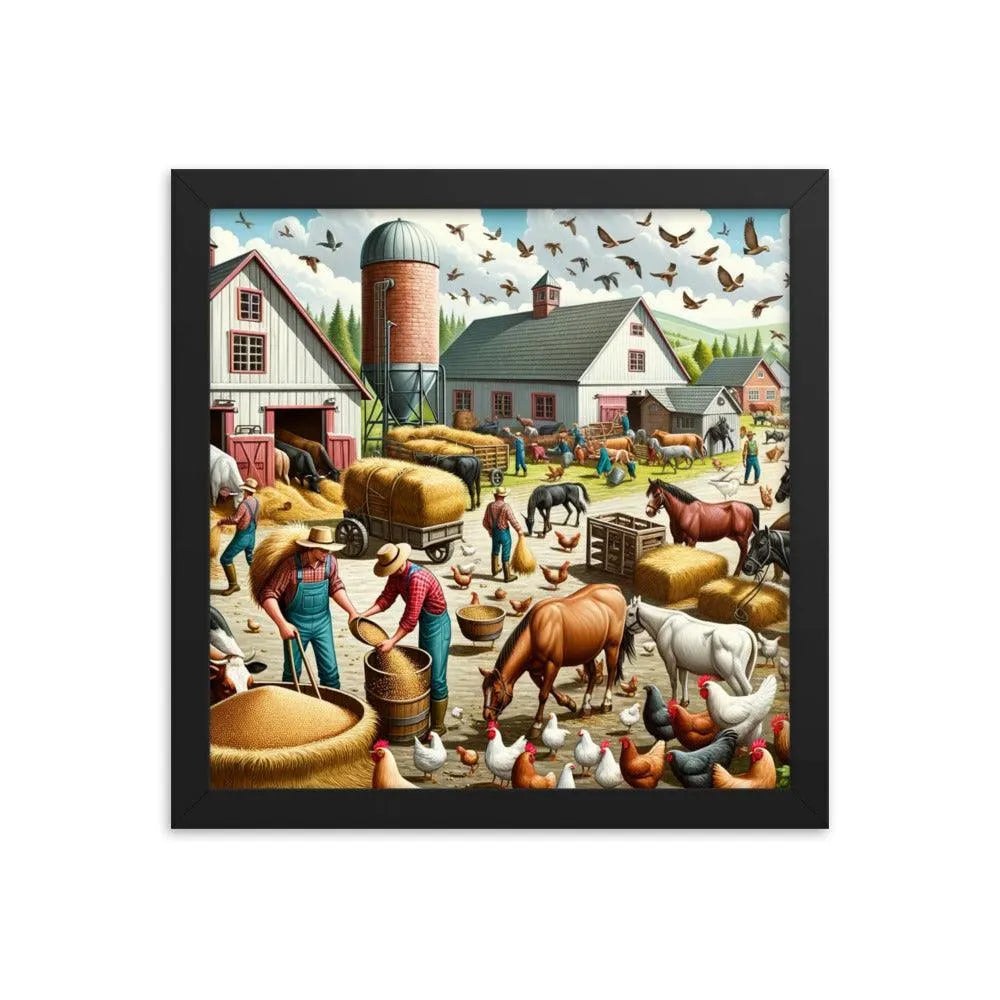 Lively Farmyard Feeding Time Illustration Framed Poster - Oh Posters