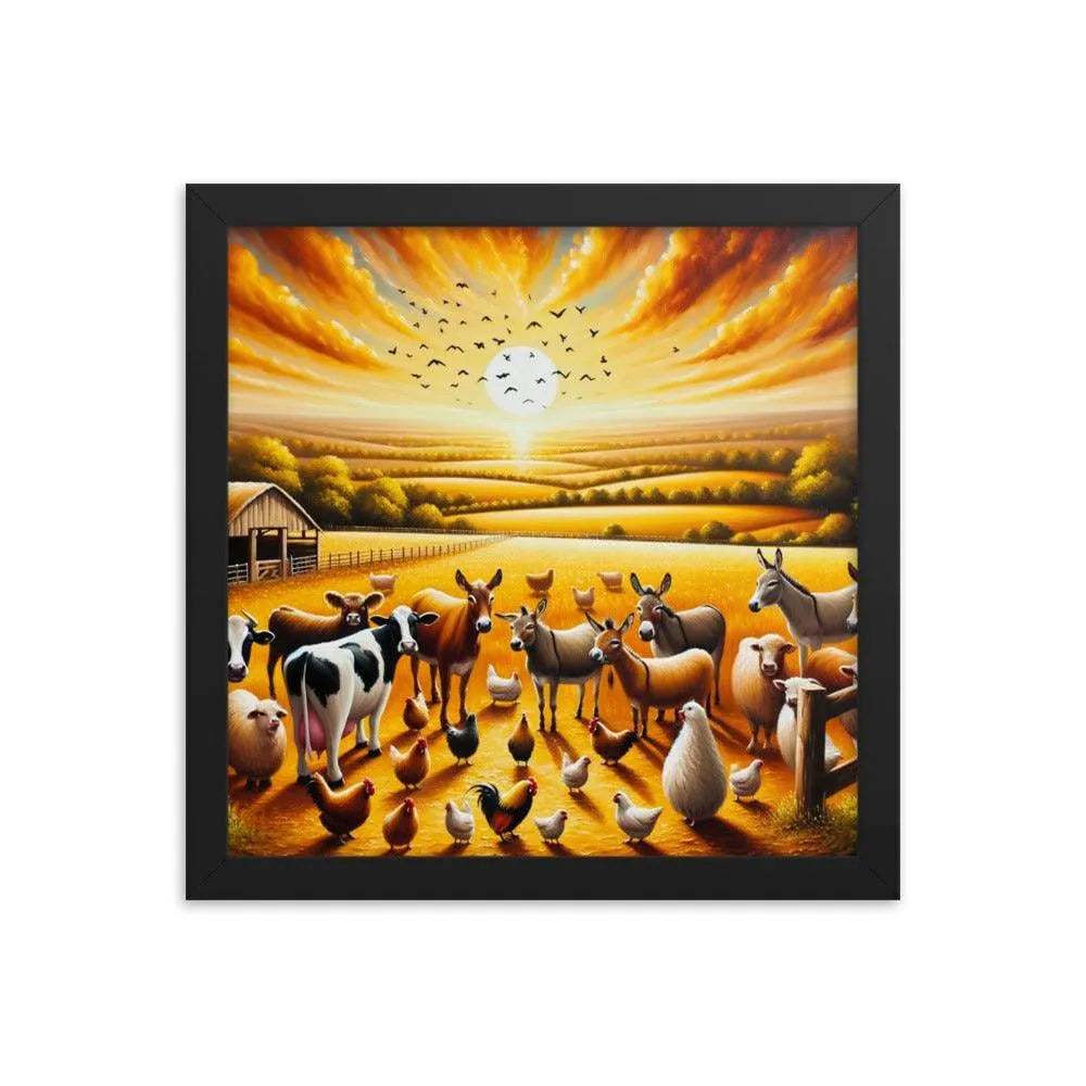 Golden Hour Farm Animals Acrylic Painting Framed Poster - Oh Posters