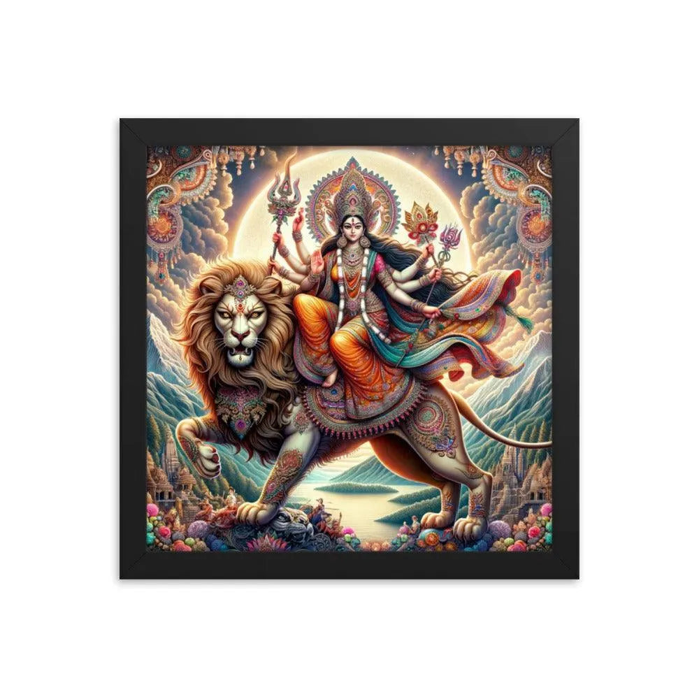 Goddess Durga on Lion Divine Hindu Art Framed Poster - Oh Posters