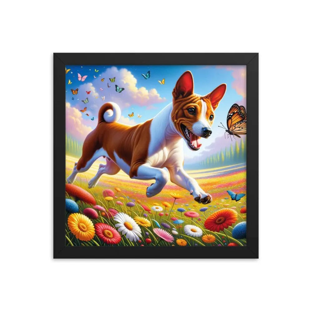 Energetic Basenji Dog Chasing Butterfly in Vibrant Meadow Landscape Framed Poster - Oh Posters