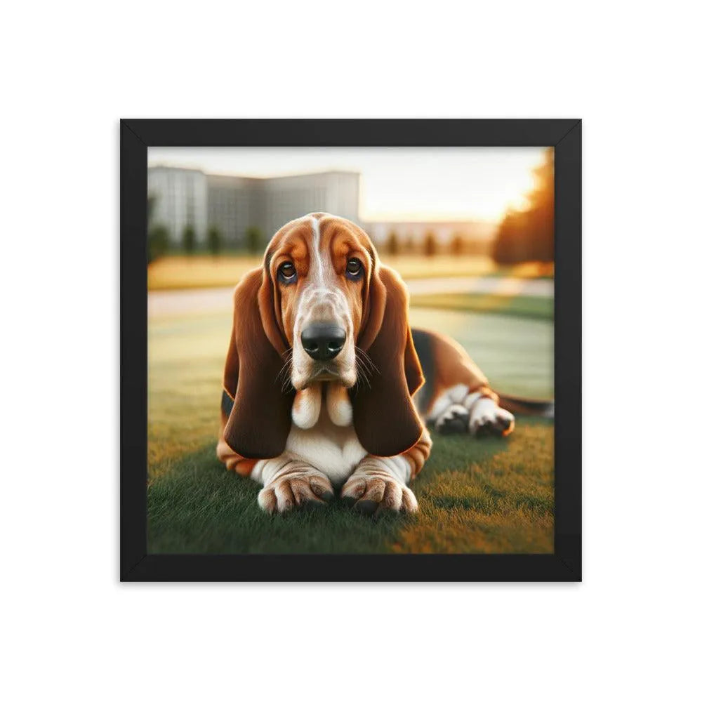 Gentle Basset Hound in Grassy Field Photo Framed Poster - Oh Posters